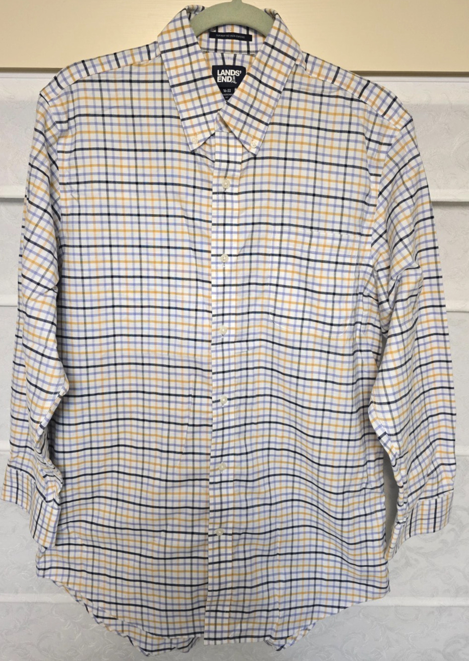 Lands End Supima No Iron Oxford Shirt Mens 16-33 Traditional Fit Plaid Cotton